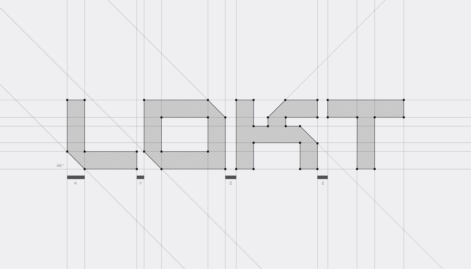 Construction of the LOKT logotype on its 45° grid
